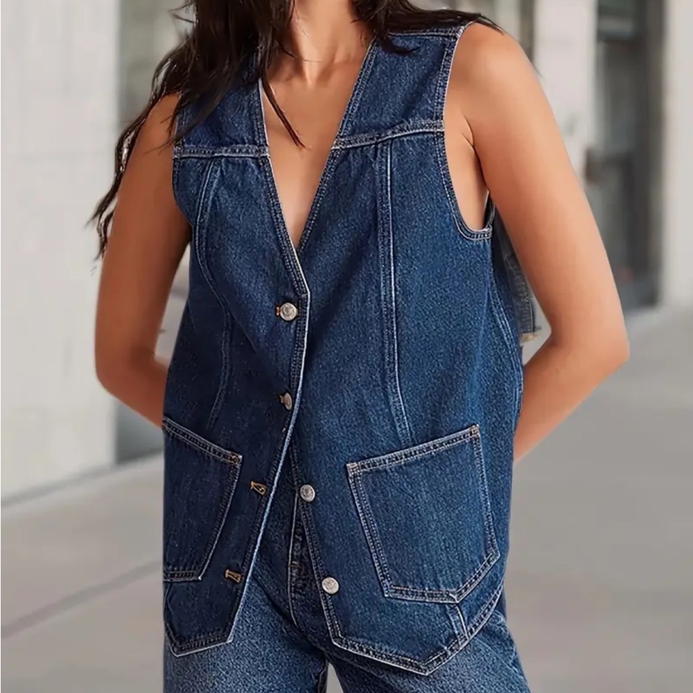 Trendy Button-Front Denim Vest – 3X | Casual Sleeveless Layer